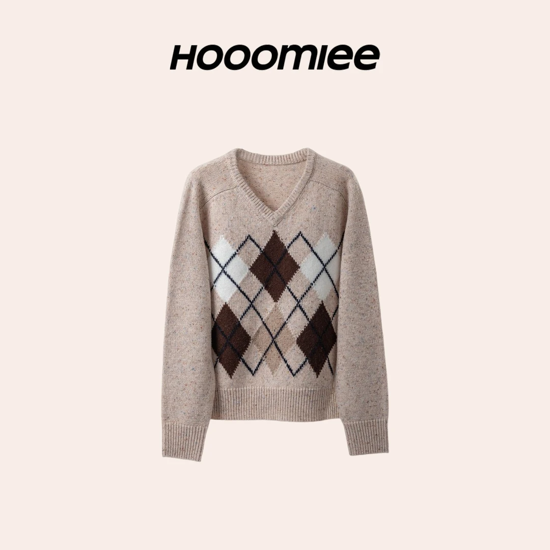 Hooomiee法式 羊毛套头V领菱格纹女士针织衫ML25170