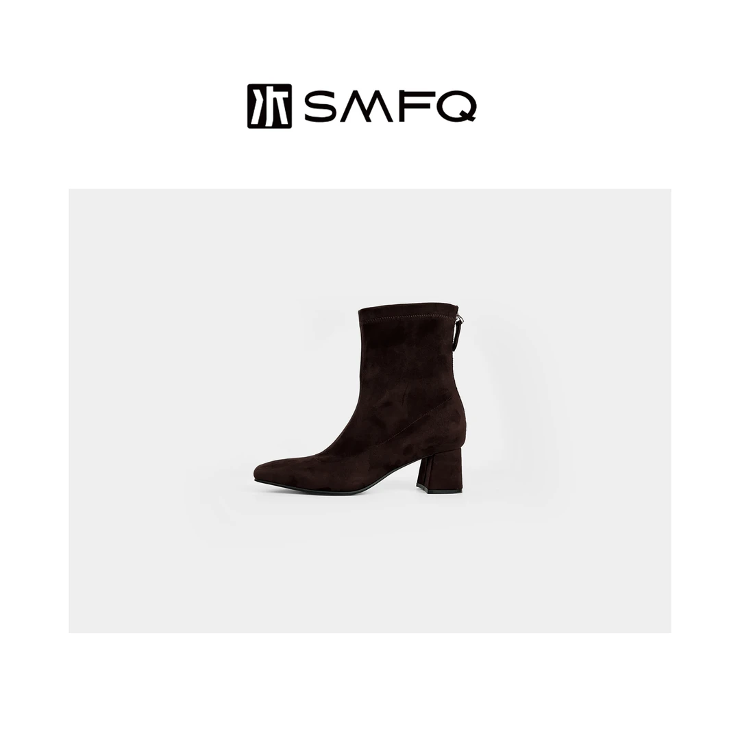 水木夫妻定制款弹力绒布粗跟拉链秋冬尖头弹力靴短靴