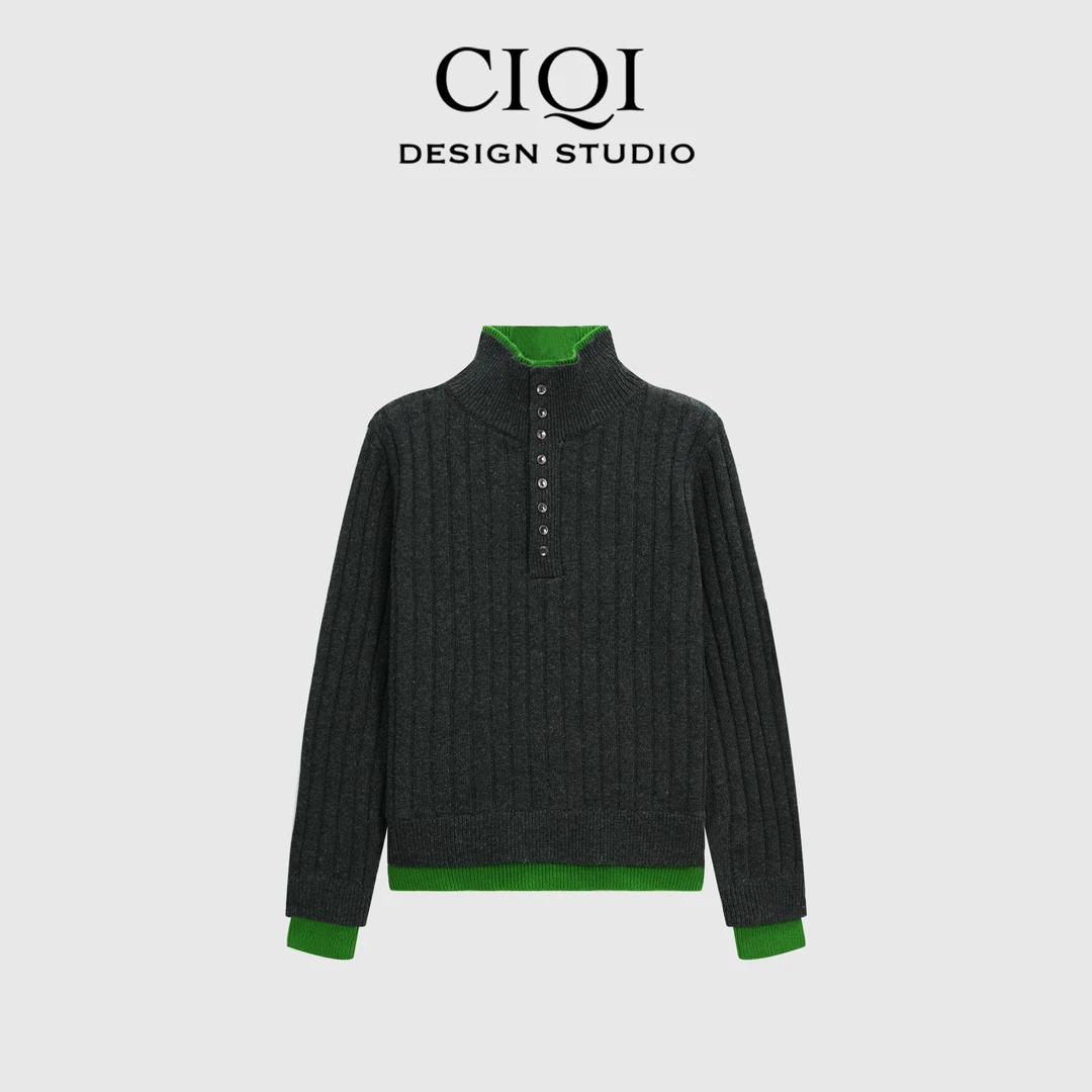 CIQI STUDIO【假两件】半高领100羊毛氛围感单排扣拼接立领羊毛衫