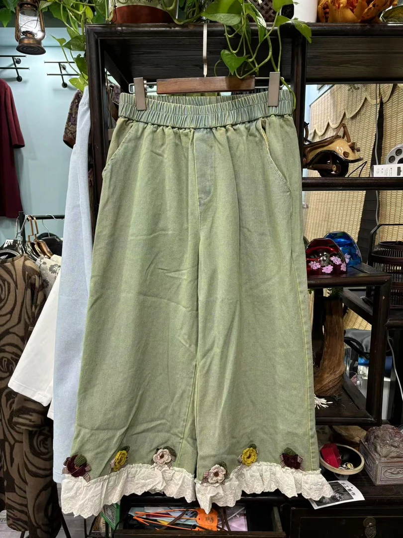 8031黄姐定制休闲花朵拼接牛仔阔腿裤