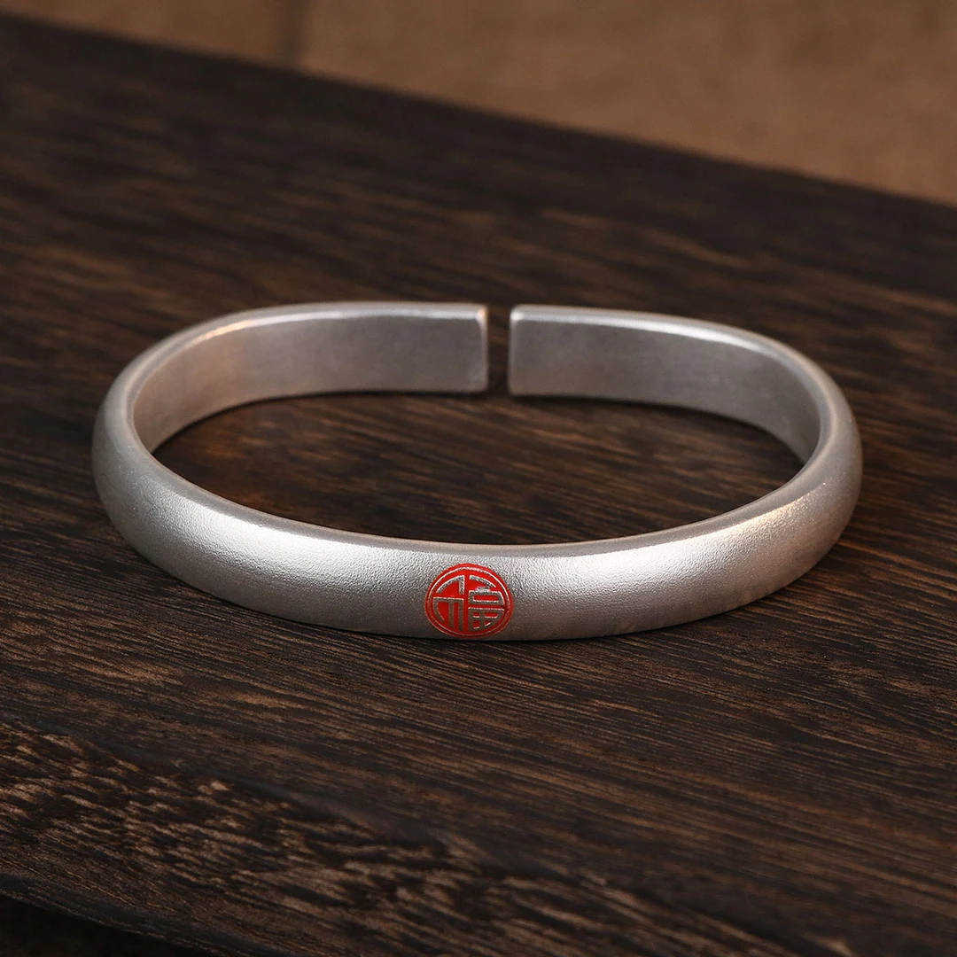 足银手镯 重工银手镯女纯银马蹄镯开口实心国风银镯子送妈妈长辈