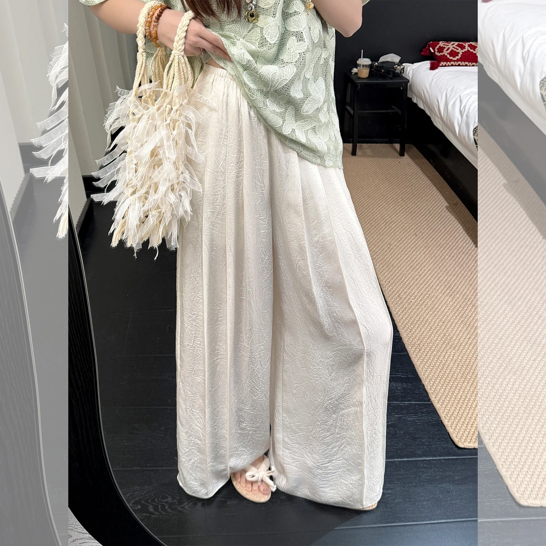 张涩涩 25夏"柔光气场"高级的松弛新贵 100%微皱醋酸白色阔腿裤