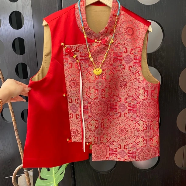 “故宫红” 喜庆高定款宋锦 新中式中国红盘扣重工马甲