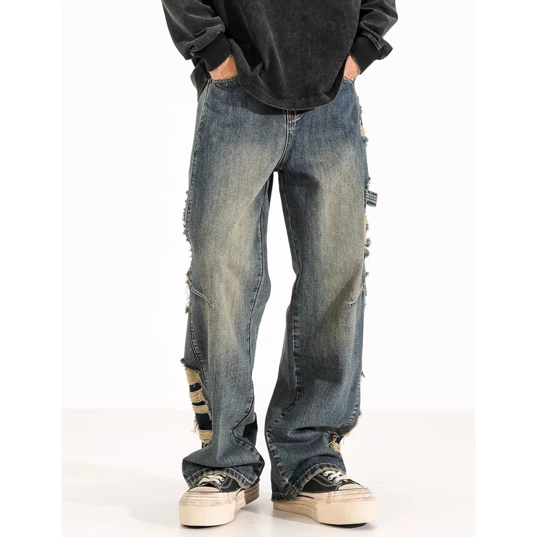 美式高街复古做旧vintage宽松阔腿牛仔裤男个性小众宽松直筒拖地