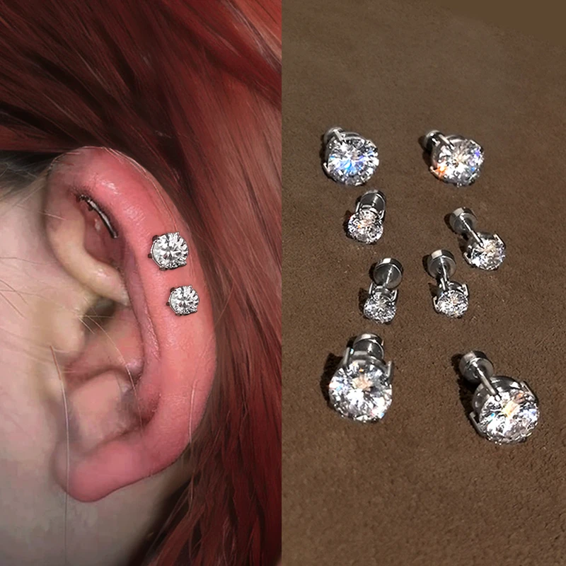 钛钢合成锆石耳饰 多尺寸超闪边缘耳骨钉女耳蜗钉多耳洞平底螺丝