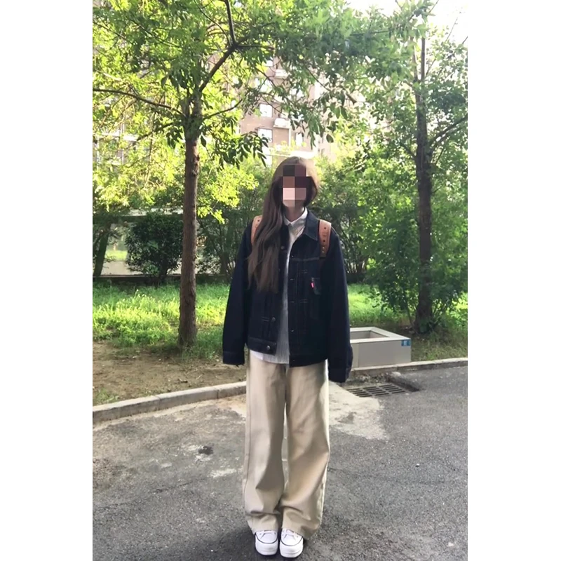 MARIE.COCO美式复古深蓝色翻领牛仔外套条纹衬衫女秋季直筒休闲裤