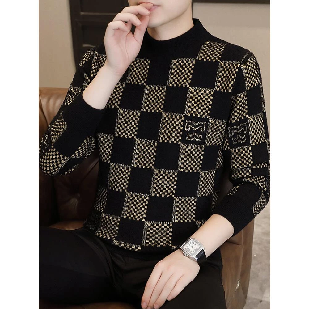 格子毛衣男士秋冬季新款潮牌提花针织衫半高领内搭打底毛线衣男装