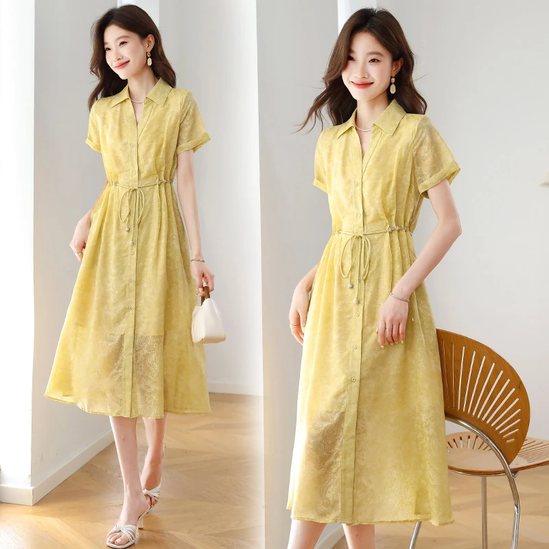 法式高级感衬衫连衣裙女2025夏季新款气质系带收腰显瘦中长款裙子