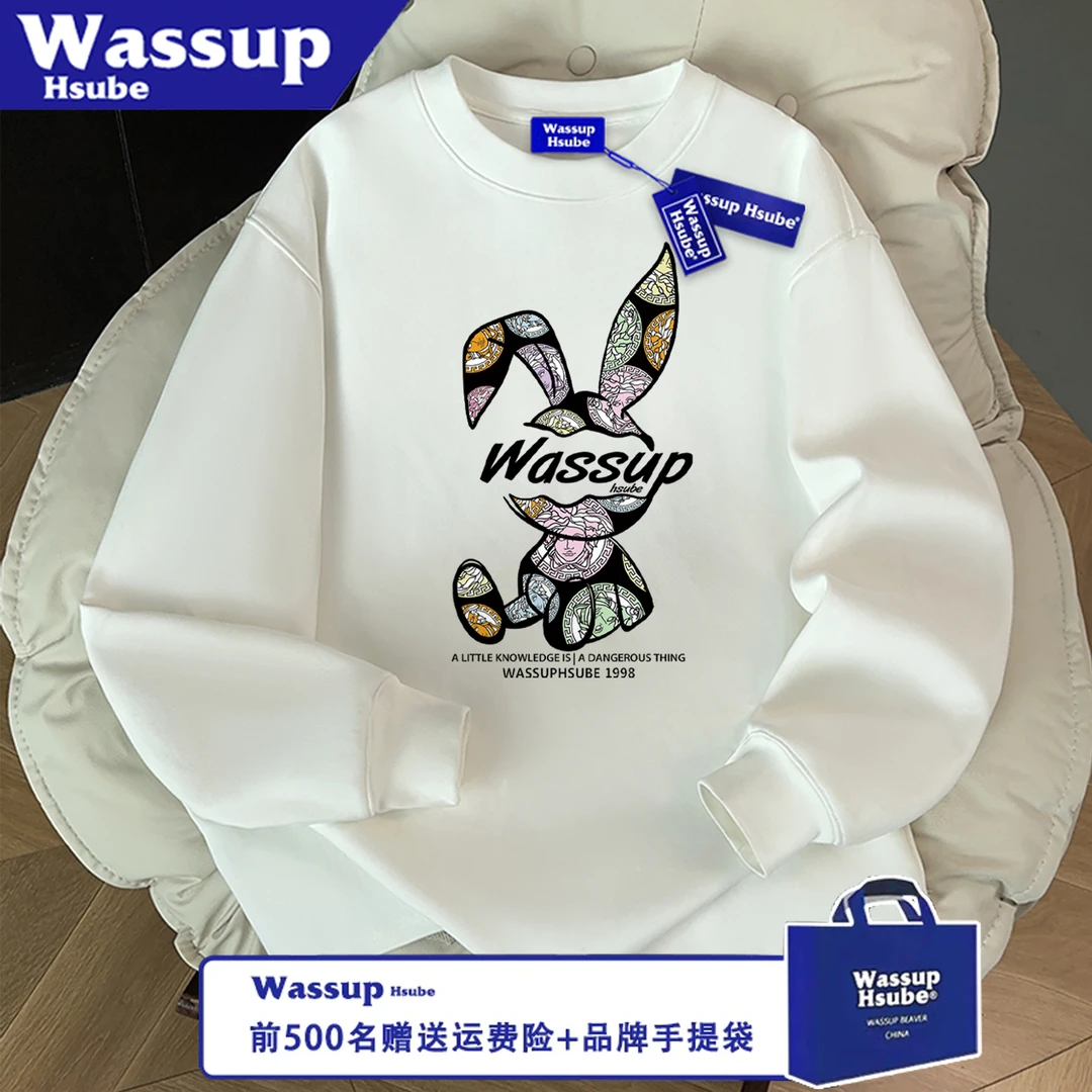 WASSUP HSUBE潮流长袖秋冬美式艺术兔子字母百搭宽松印花情侣上衣