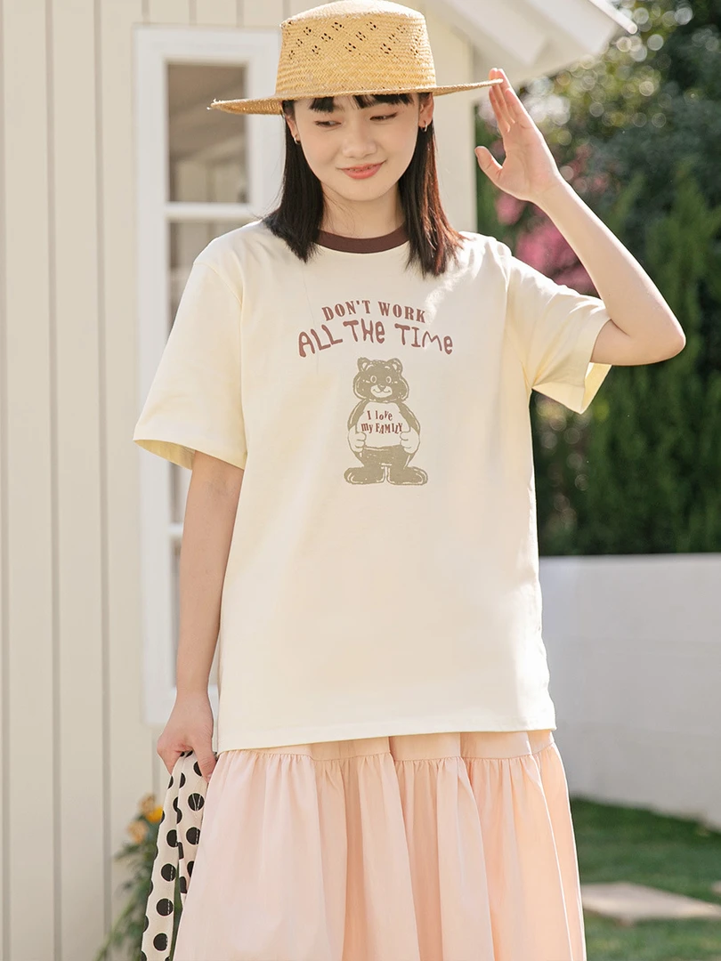卡农家  小熊印花撞色圆领短袖t恤宽松上衣夏2025新款纯棉百搭