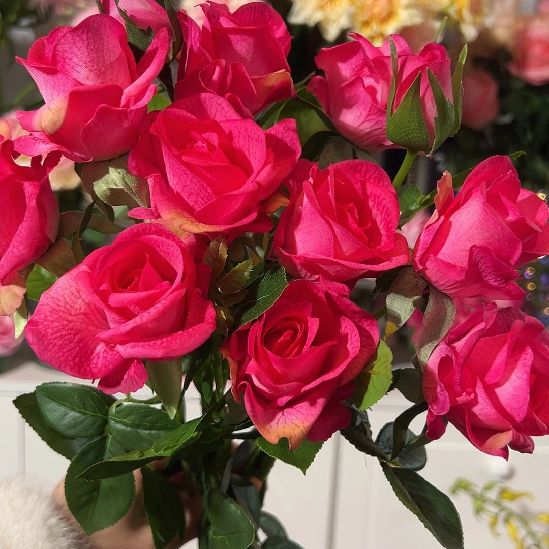 2枝玫红色手感泡泡玫瑰花