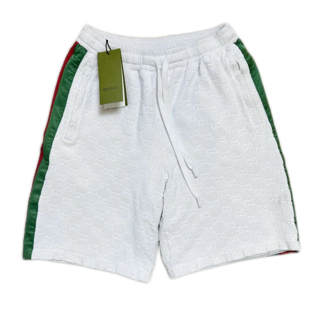 99新 GUCCI/古驰 gucci白色双G侧边红绿织带毛巾短裤xs码