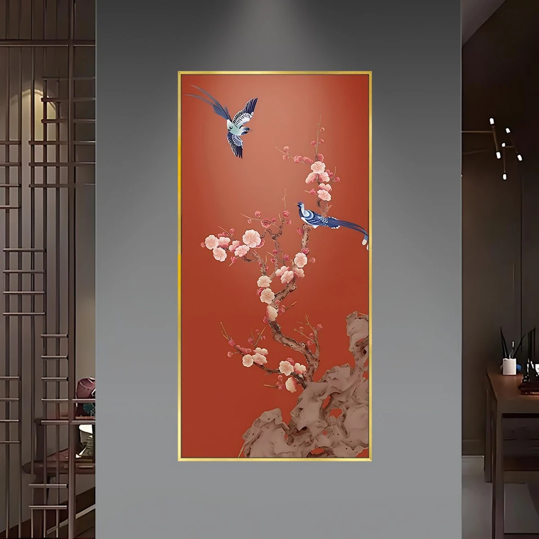 网红家居风花鸟新中式玄关装饰画走廊过道入户门正对墙壁画c048