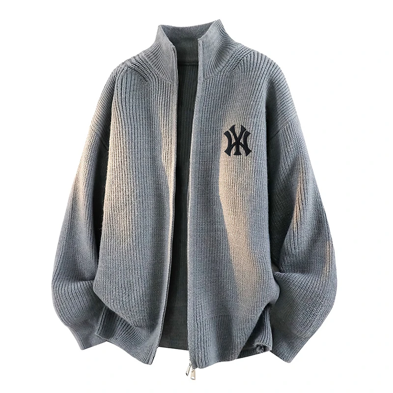 梦泡2025秋冬季新款宽松休闲针织开衫情侣简约毛衣外套男立领上衣