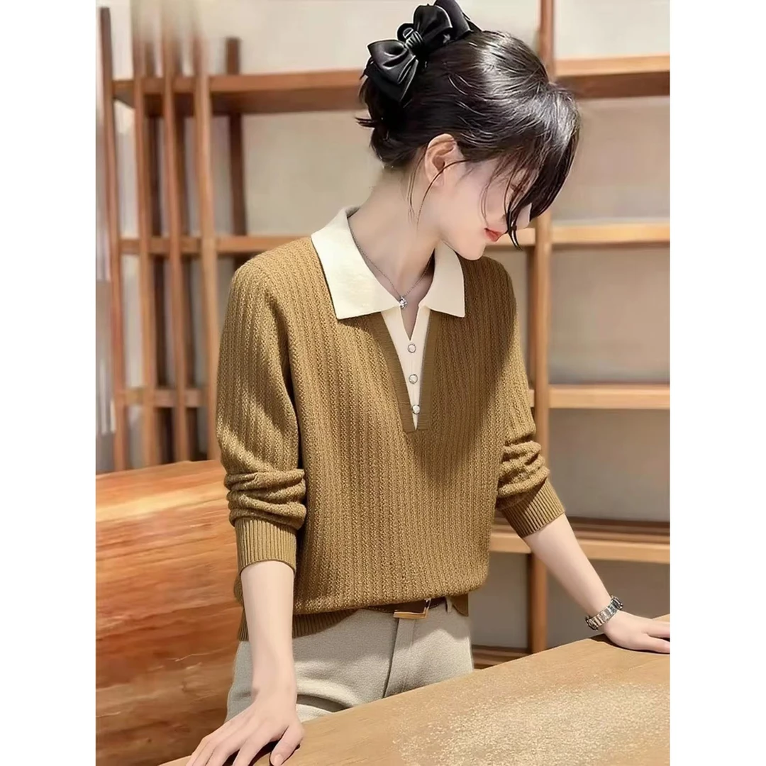 时尚淑女风奶茶色假两件针织衫女秋冬新款宽松慵懒风百搭显瘦毛衣