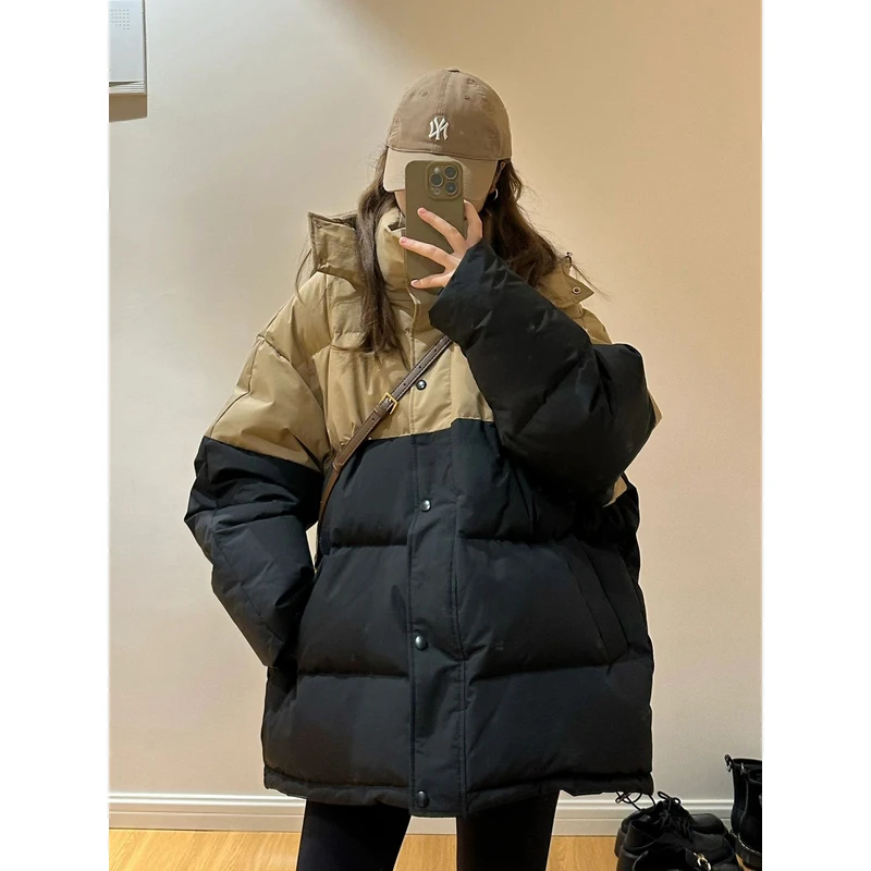 连帽加厚棉服外套女冬季韩版复古拼色设计感小众棉衣宽松百搭棉袄