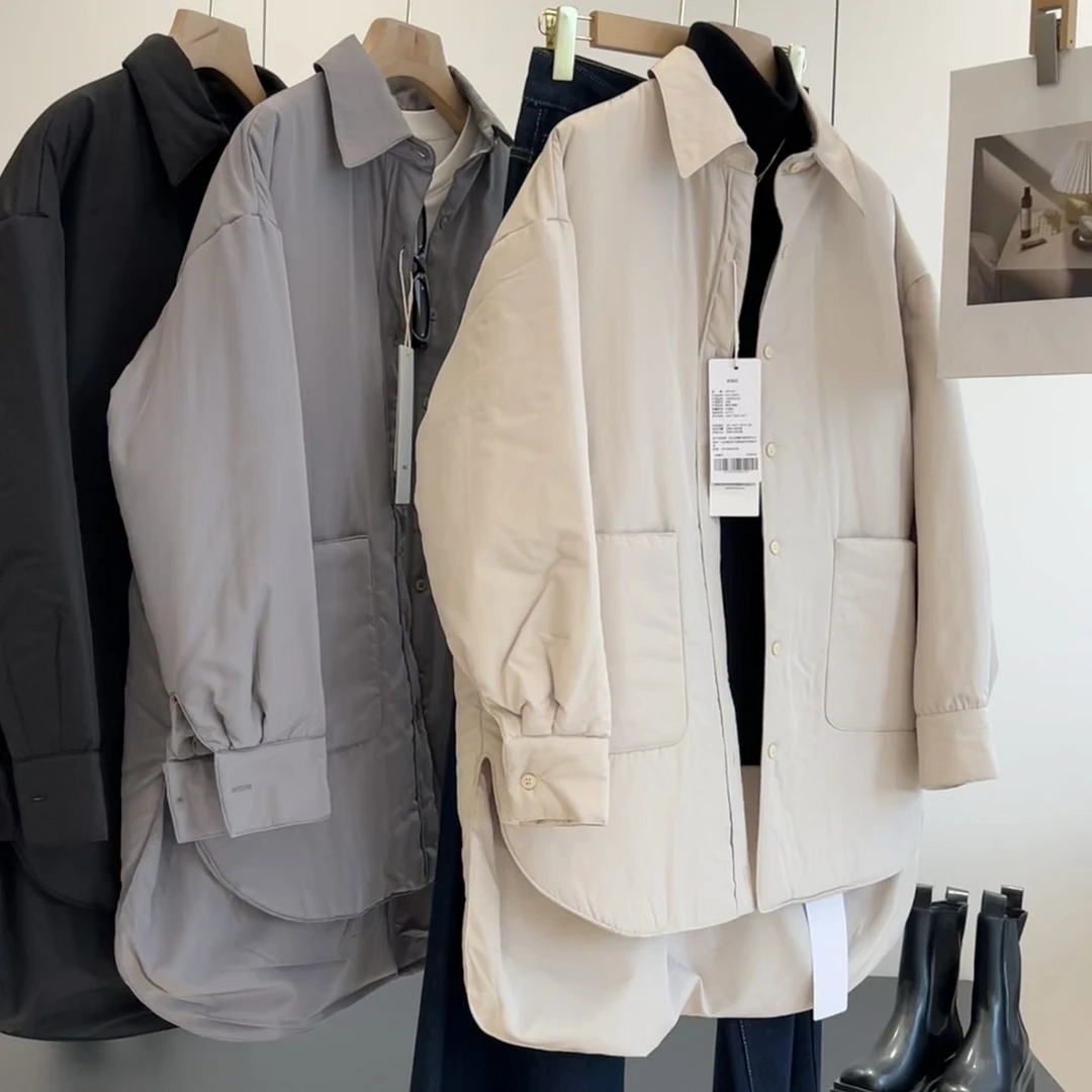 宽松慵懒！厚款保暖 时尚极简翻领排扣前短后长夹棉棉服外套