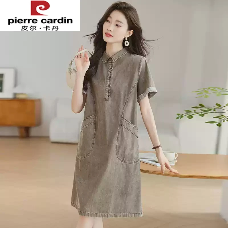 皮尔卡丹Polo领减龄显瘦牛仔连衣裙夏季新款翻领气质遮肚子衬衫长