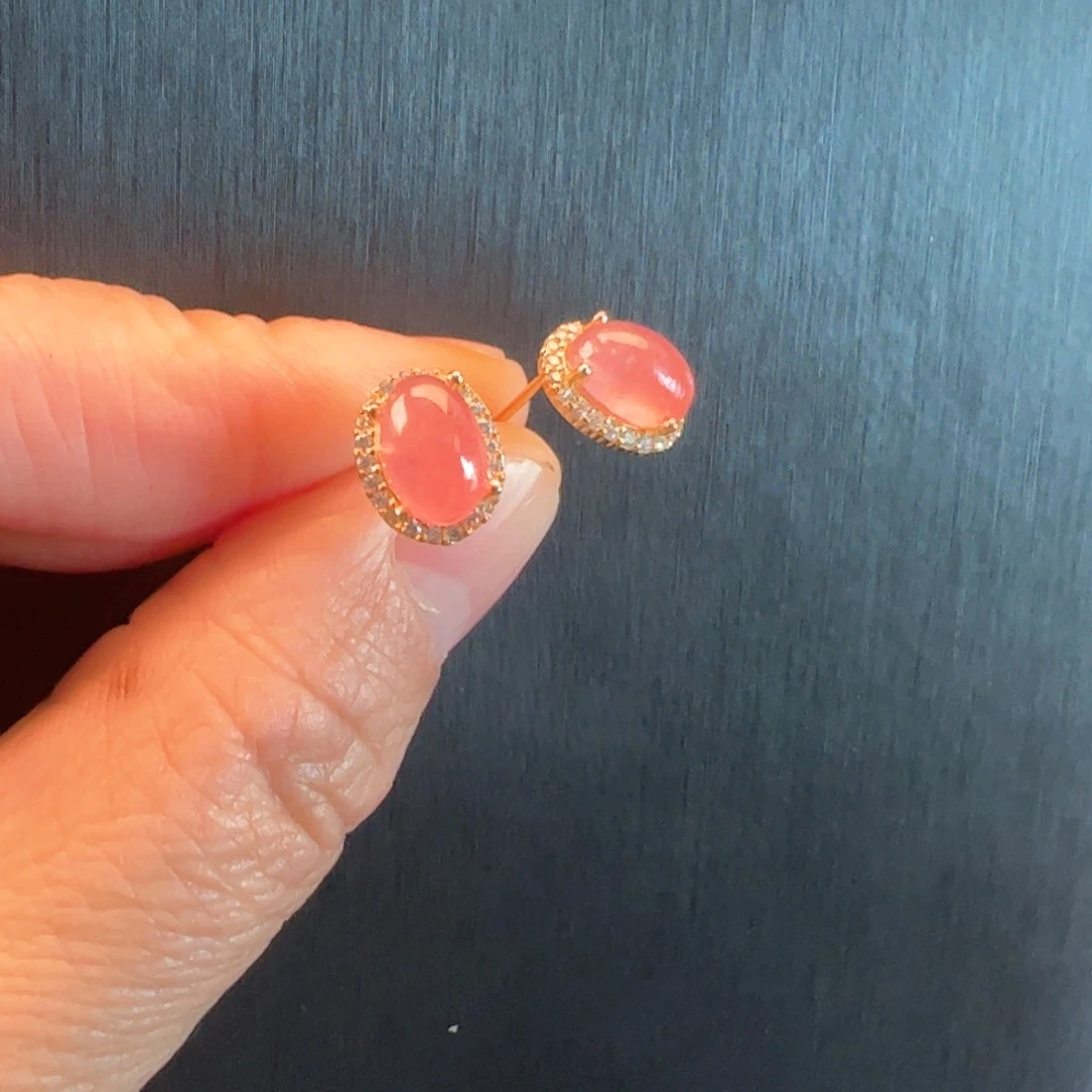 银S925镶嵌菱锰矿（红纹石）耳饰