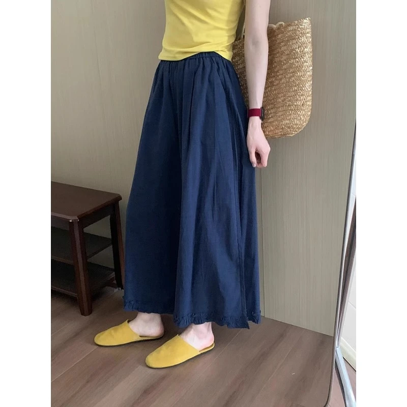 藏青色木耳边休闲裤宽松慵懒风冰丝凉感长裤夏日松弛感穿搭裤子女