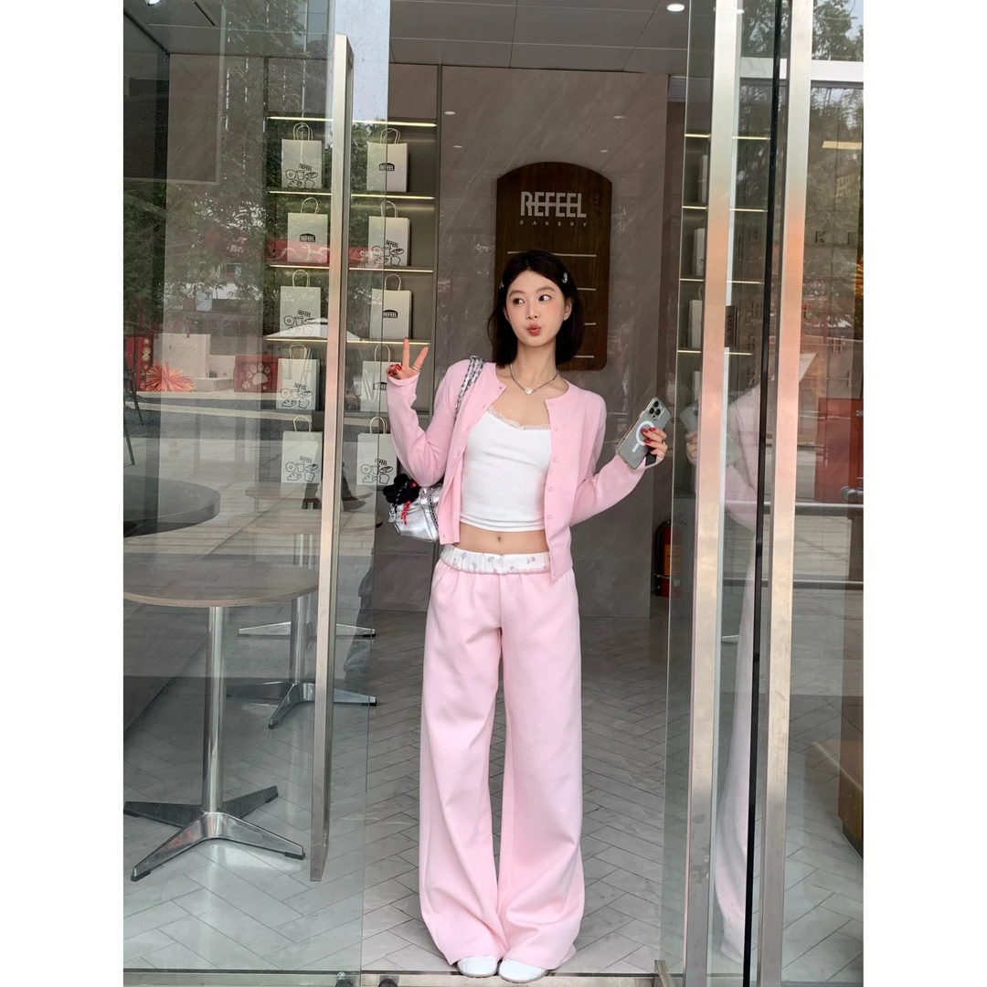 【谢不肉】现货纯色拼接阔腿休闲裤韩版百搭高腰直筒显瘦卫裤0519