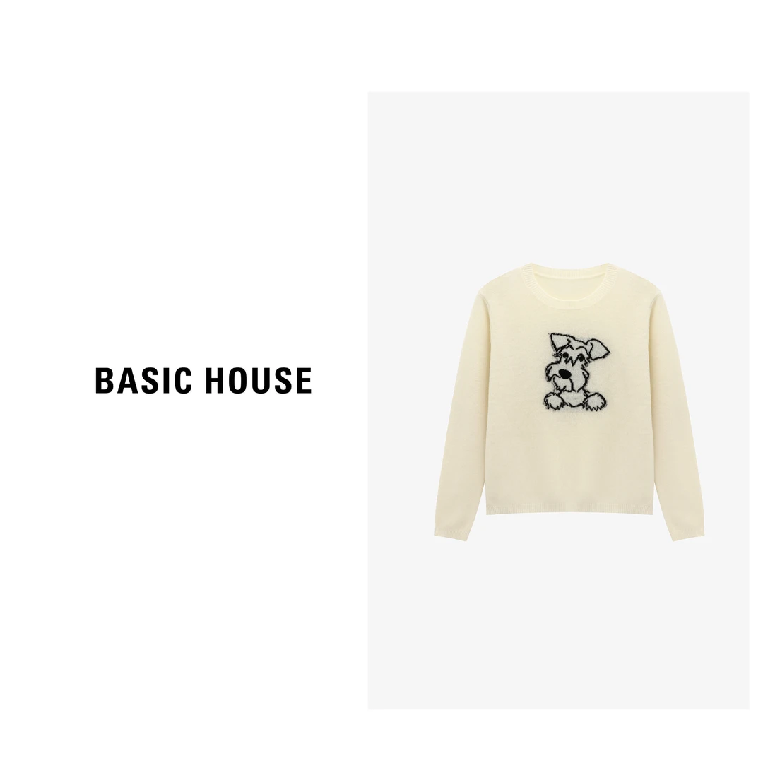 Basic House/百家好秋季新款刺绣小狗慵懒风女羊毛衫-B0625B5JWS2