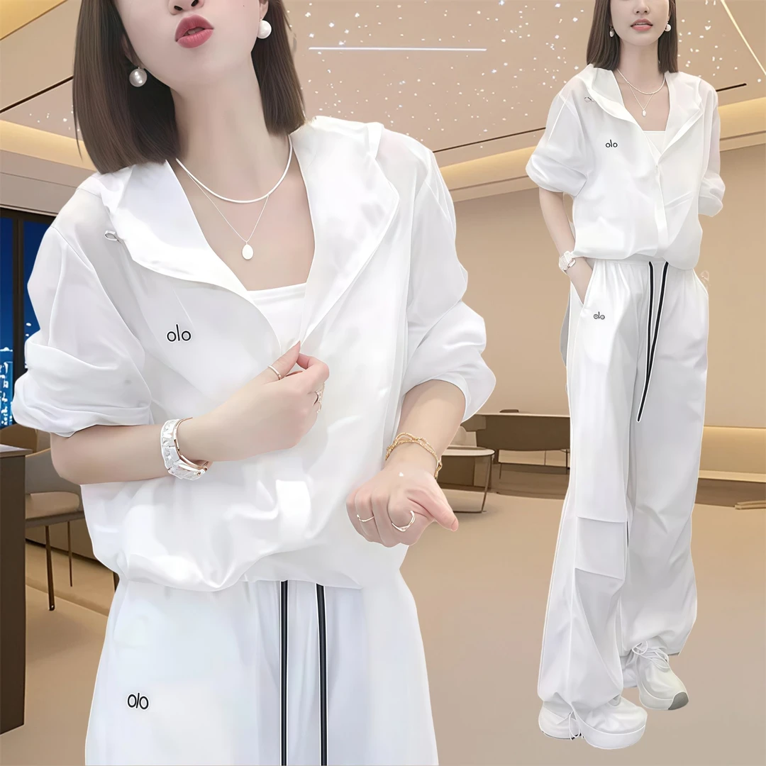 套装白色休闲运动服短款女装夏季女士显瘦防晒衣外套工装裤两件套