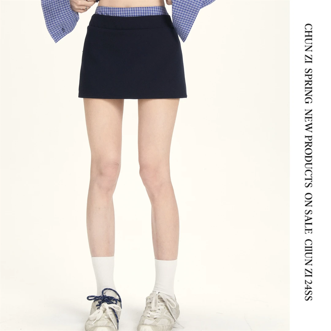 【CHUN ZI】春夏基础款百搭格子拼接半身裙复古高腰显瘦包臀裙