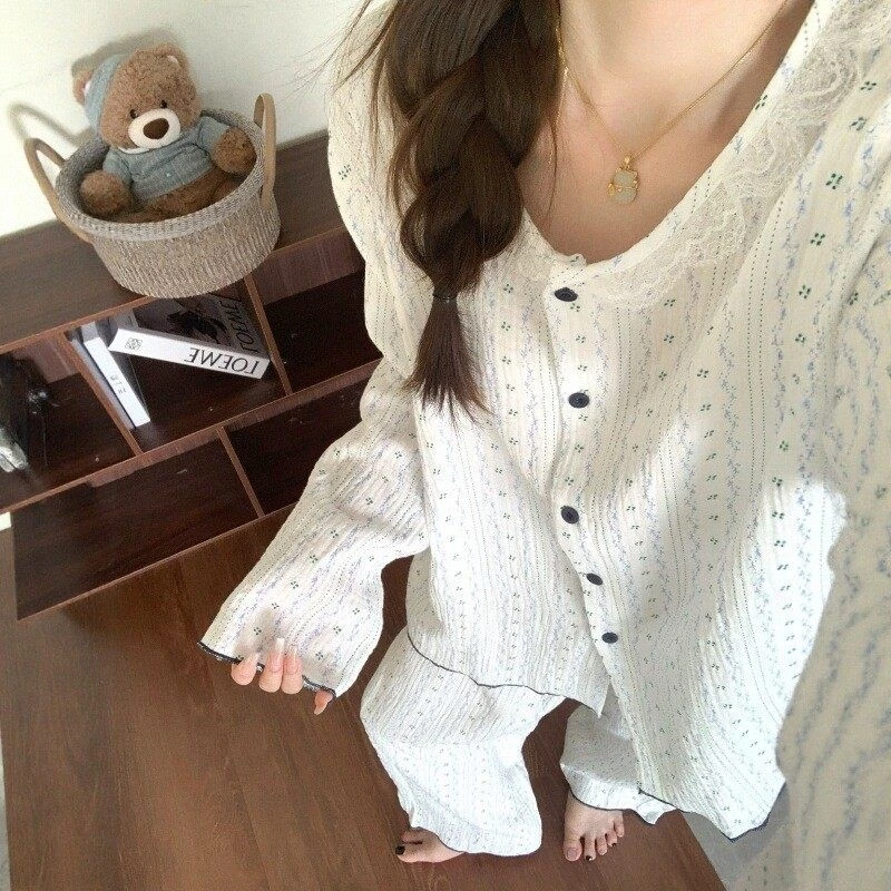 安于心春秋韩系碎花圆领长袖睡衣女款2025新款超火纯棉纱家居服秋