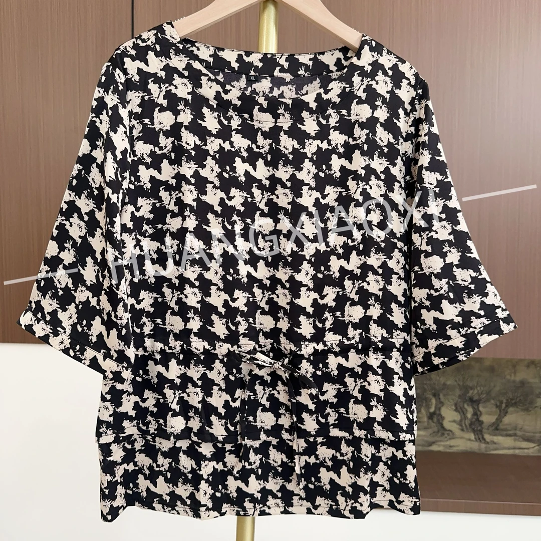 HUANGXIAOXI 黑底抽象千鸟格抽绳款中袖小衫ZF-361