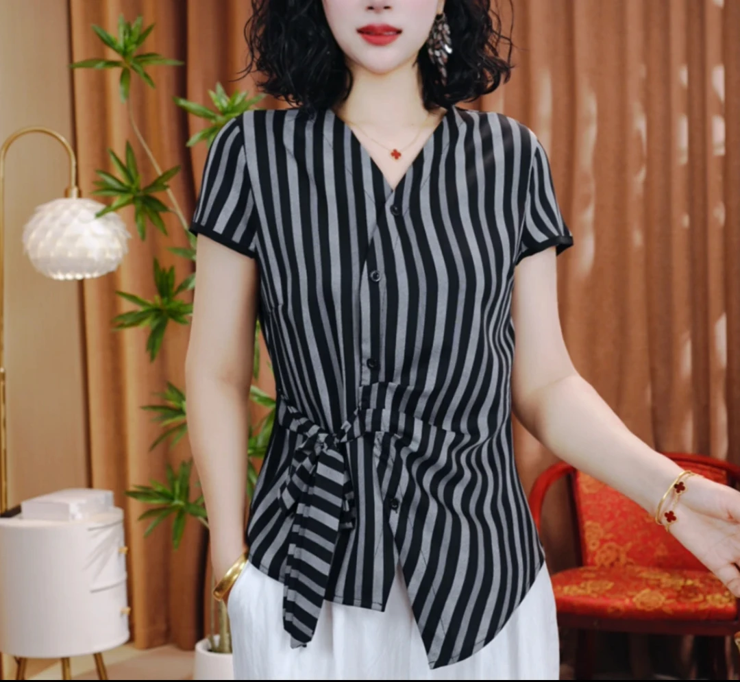 2025新款夏季休闲洋气短袖气质百搭V领显瘦开衫扣上衣小衫女时尚