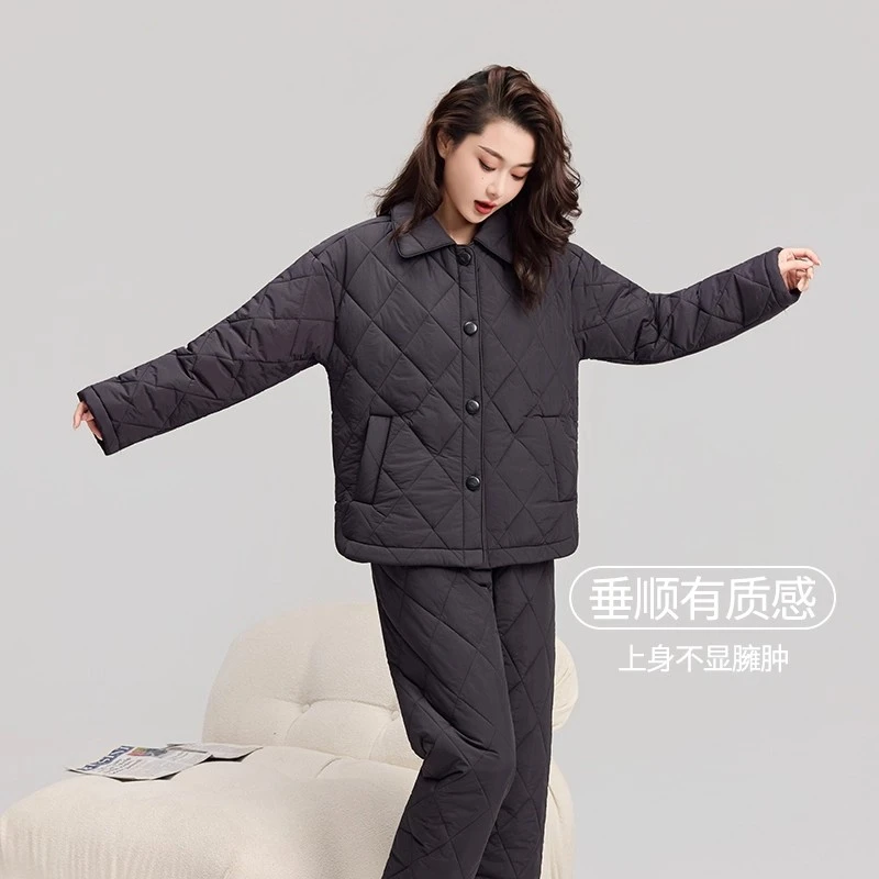 三层夹棉睡衣女款珊瑚绒2025新款秋冬季加绒加厚时尚家居服可外出