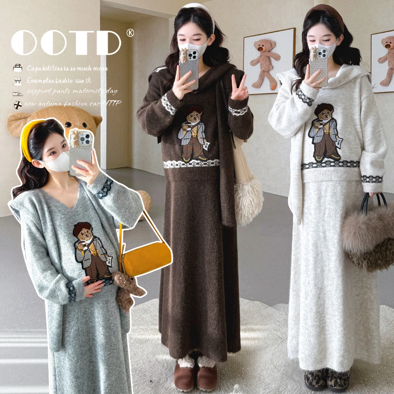 孕妇套装2025秋冬季韩版新款时尚设计感卡通刺绣毛衣半身裙两件套