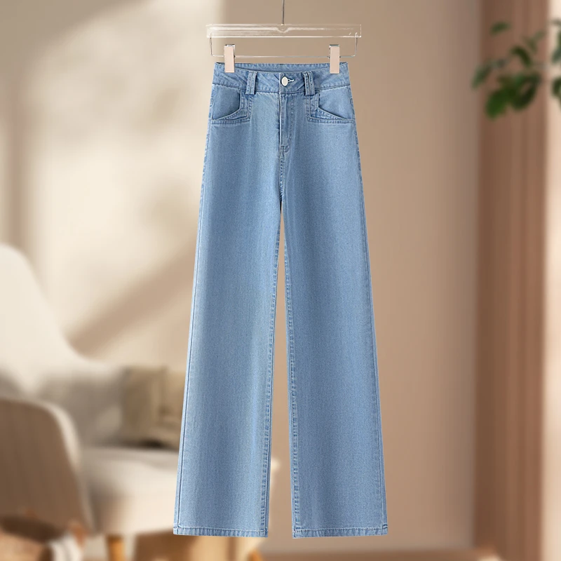 拉夏贝尔莱赛尔天丝牛仔阔腿裤女2025夏季新款高腰薄款冰丝直筒裤