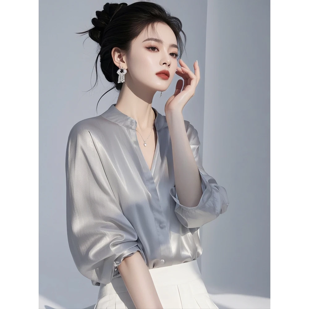韩系高级感轻奢v领衬衫女春季新款洋气百搭小众减龄独特漂亮上衣