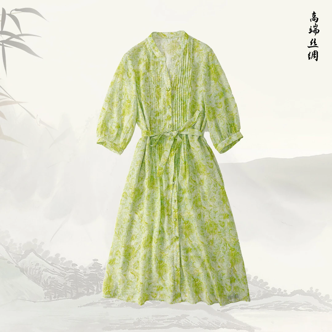 【 薄荷曼波】品牌新款小清新收腰V领桑蚕丝气质显瘦连衣裙516105