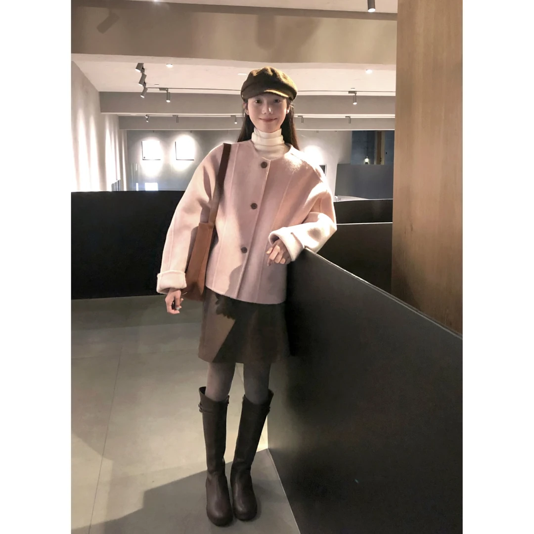 柔粉雪姬~小个子毛呢大衣蒲公英粉圆领韩版外套女款冬季外套