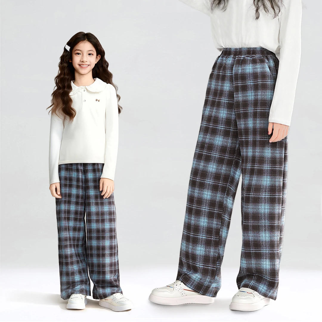笛莎官方童装裤子女童25秋冬新款格纹复古儿童宽松休闲复合绒卫裤