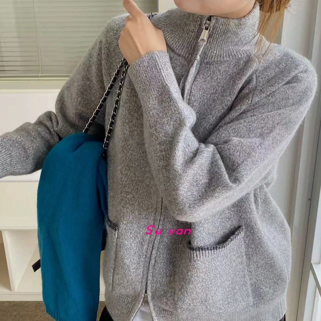 S8886 花灰色花纱混纺拉链开衫半高领口袋针织气质秋冬毛衣上衣女