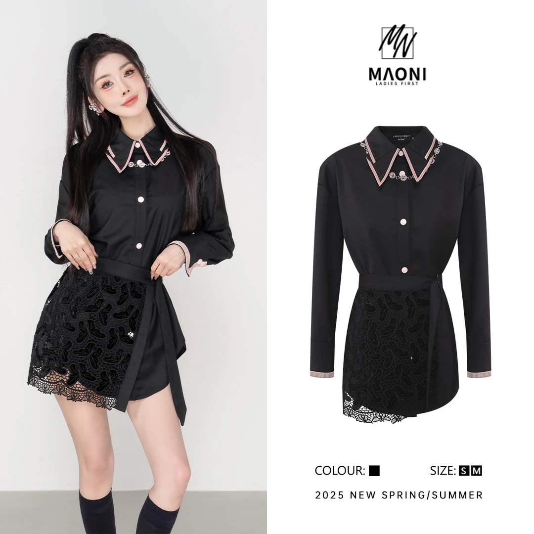 毛妮Peshe【蝴蝶衬衫裙】长袖翻领宽松设计感小众配项链腰带L1251