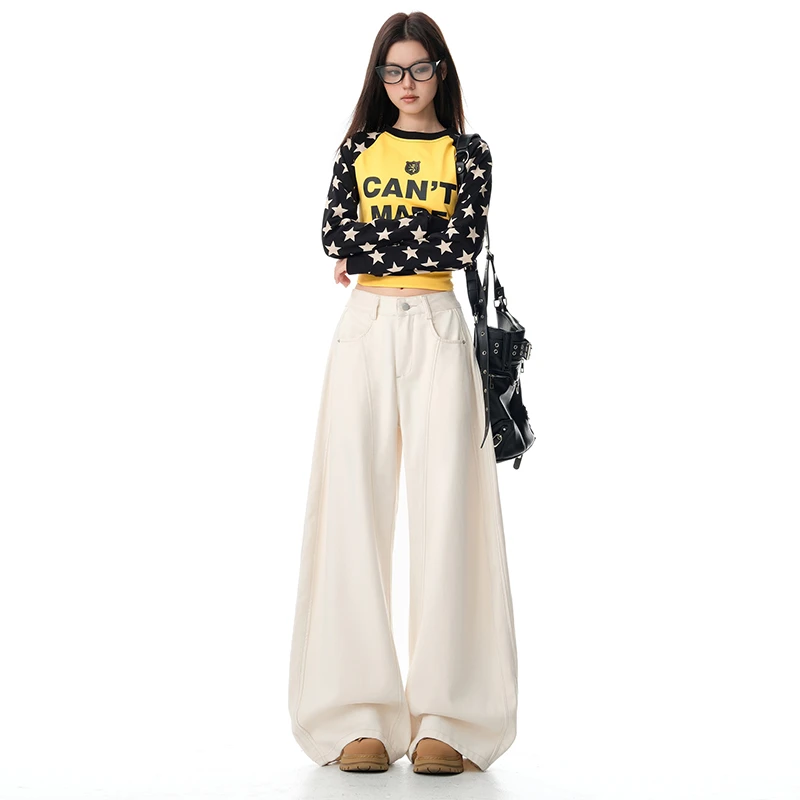 早秋新款&早新款米杏色牛仔裤女宽松阔腿高腰阔腿直筒裤休闲裤子