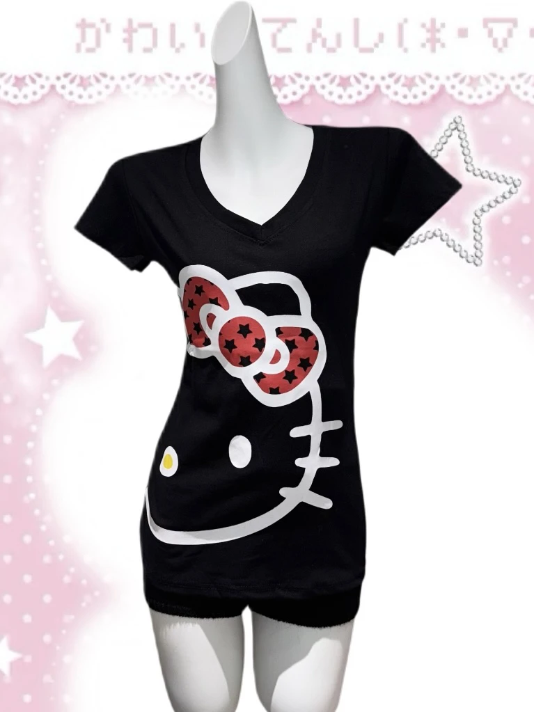 【市市推荐】新款原创辣妹可爱Kitty图案修身显瘦短袖圆领百搭上衣