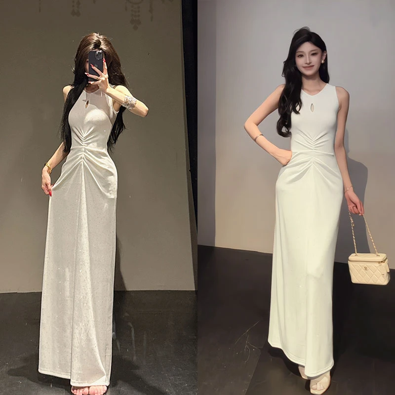 d8/G602烫钻 0708【饼+堇】夏季V领镂空烫钻长裙纯色烫钻收腰连衣裙