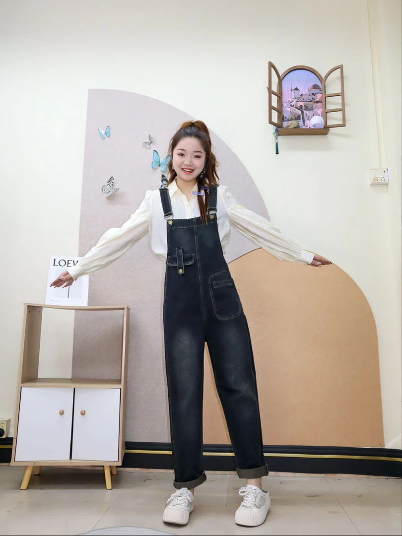 【YY】春款上新美式复古小直筒牛仔背带裤简约大气窄版显瘦吊带裤爆