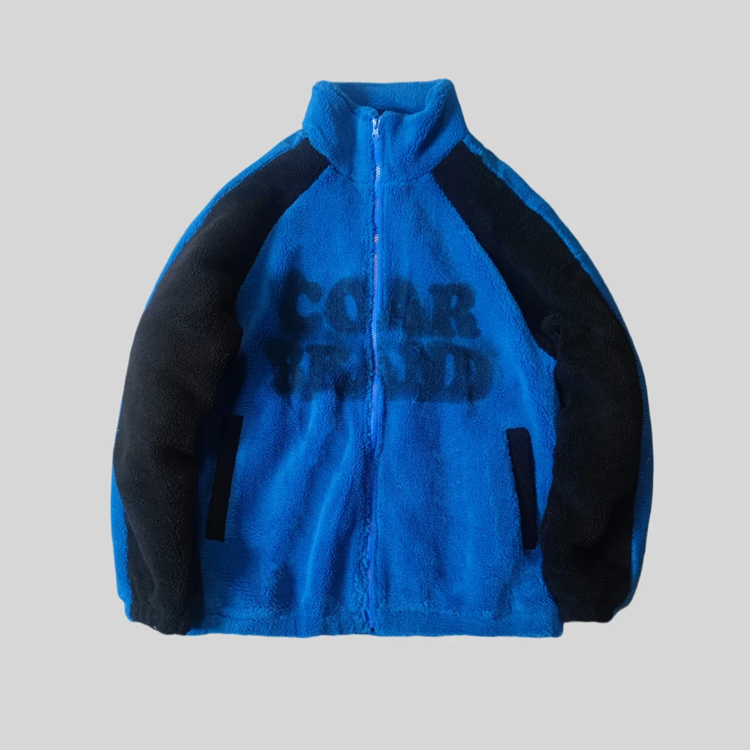 潮牌摇粒绒蓝黑撞色插肩袖棉服冬季保暖加厚宽松高街棉衣外套