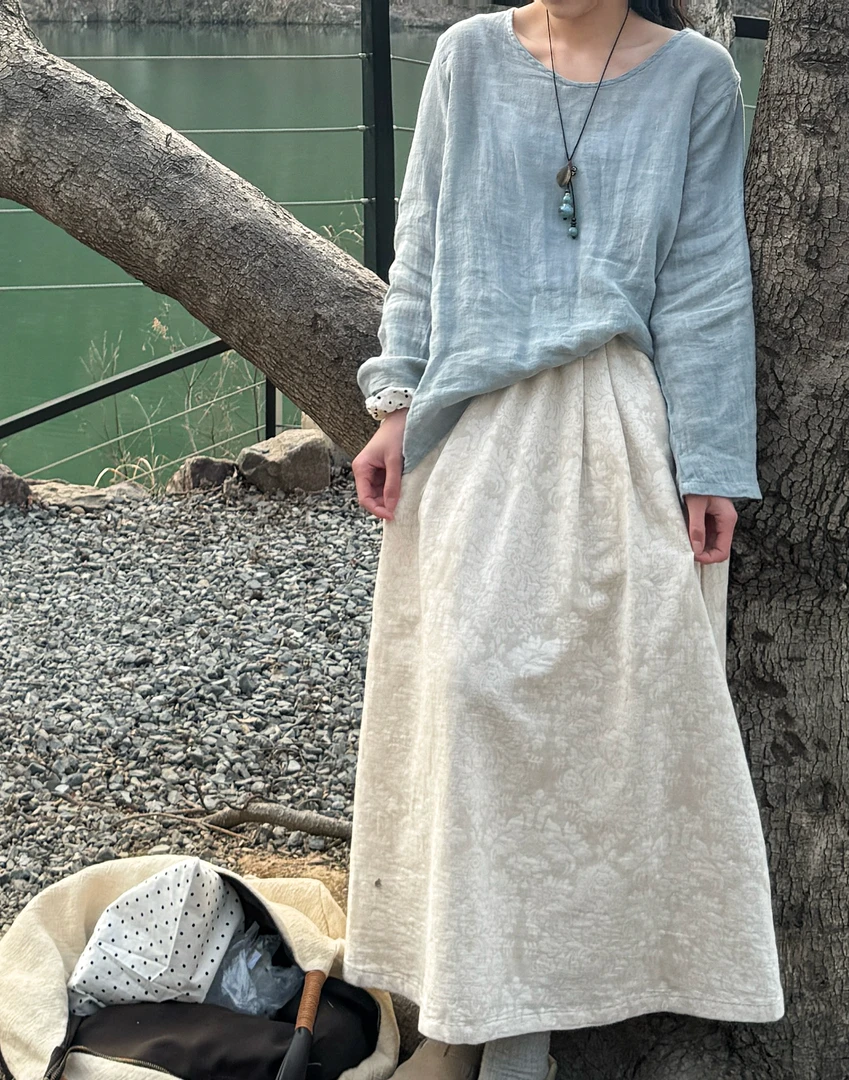 复古麻本色提花半裙