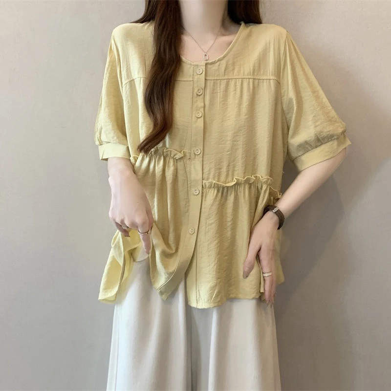 韩系木耳边黄色正肩短袖衬衫女2025夏季新款大码微胖mm娃娃衫上衣