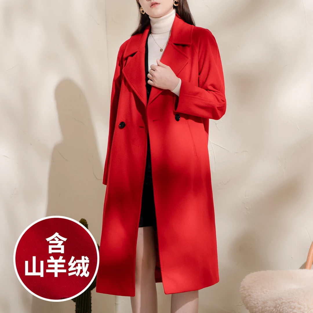 翻领红色气质百搭中长款女式羊绒羊毛大衣