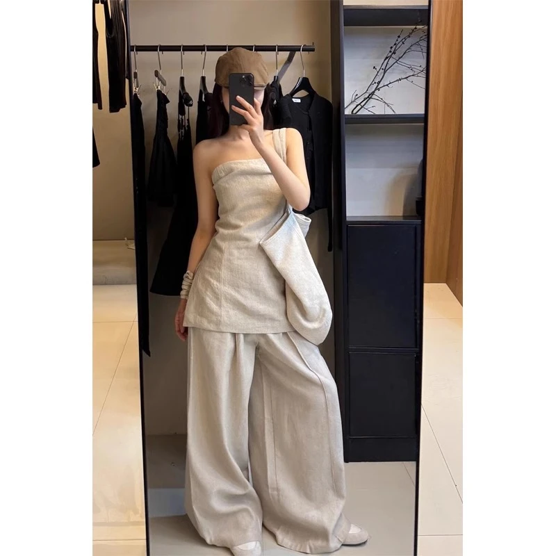 韩系杏色抹胸上衣套装女春夏新款高级时尚气质背心长裤女装两件套
