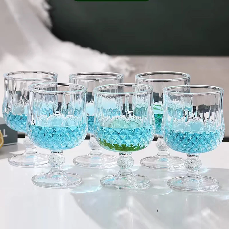 钻石浮雕玻璃杯ins风复古高颜值甜果酒饮料杯鸡尾酒杯高脚红酒杯